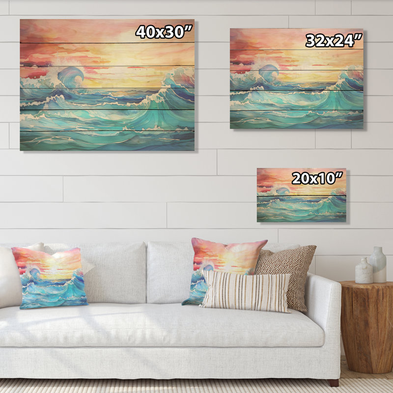 Rainbow Ocean Sunrise I - Art sur bois de pin naturel, H 10 po x l 20 po