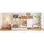 Lit superposé simple au-dessus d'un lit double en bois avec garde-robe, tiroirs, tablettes et lumière DEL