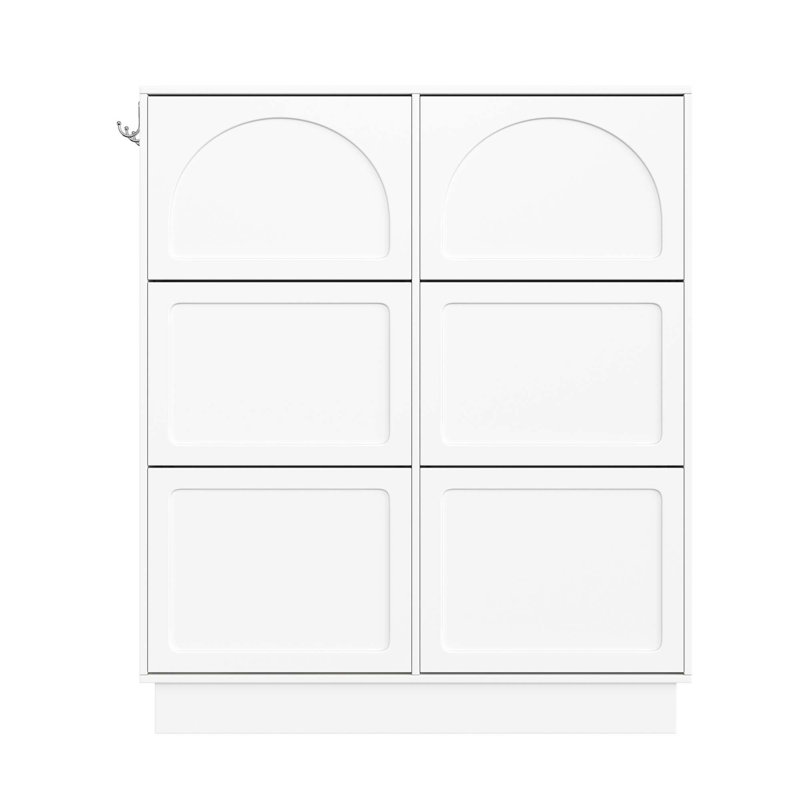 Range-chaussures moderne et élégant avec 6 tiroirs rabattables, conception compacte et élégante, rangement pour hall d'entrée de style crème avec tablette réglable, étagère à chaussures autoportante avec 3 crochets argentés