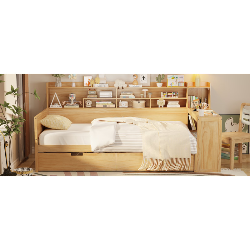 Lit de jour moderne avec rangement et bureau Dreamlet, Naturel, Lit simple