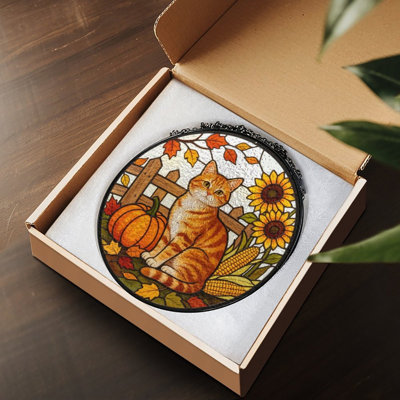 Orange Tabby Cat With Pumpkin Sunflowers And Corn Stained Glass Panels Suncatcher for Window Decor