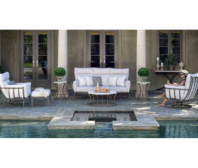 Majorca Outdoor Ottoman with Cushion, No Welt, Herringbone Sand