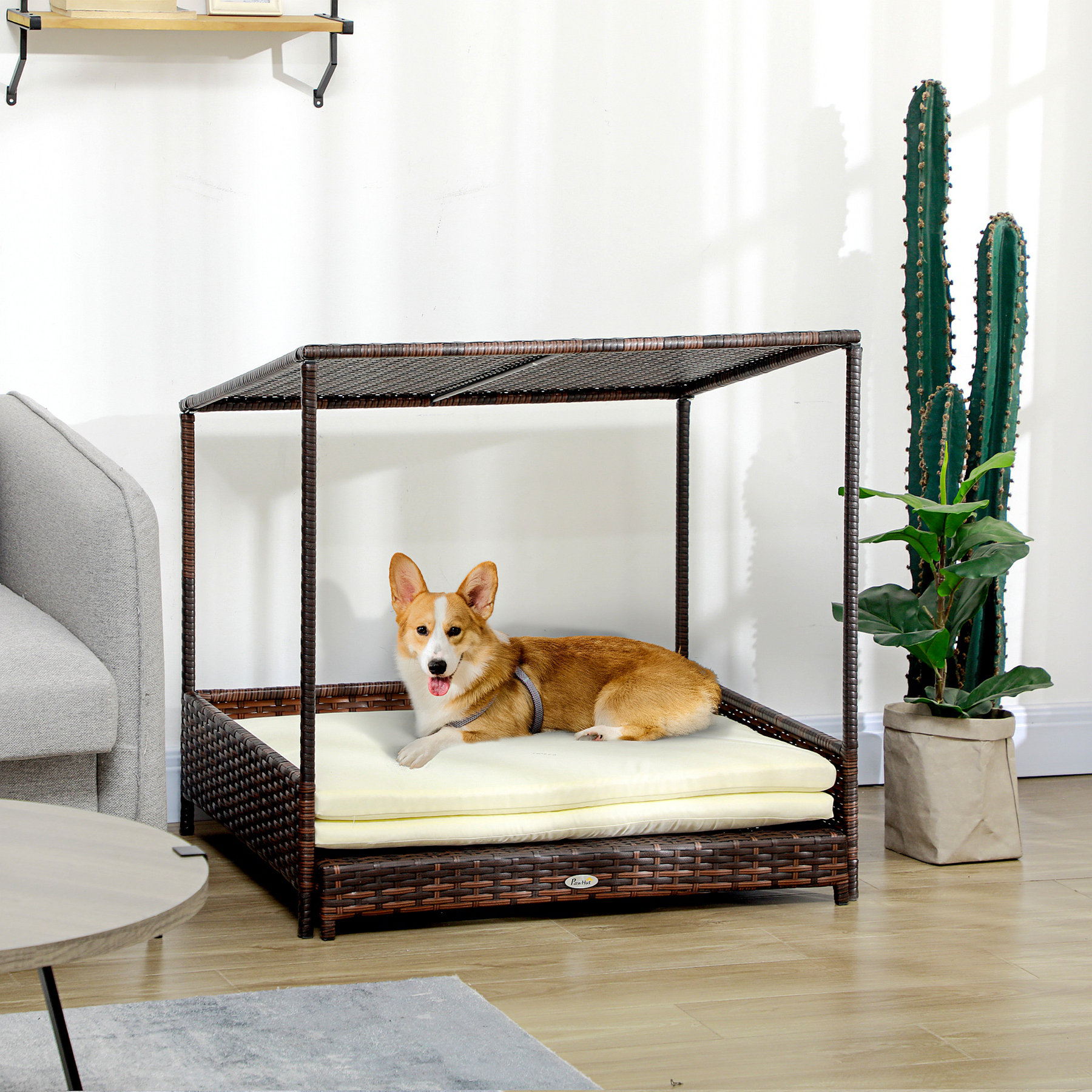 View of 17 Stories Pawhut Wicker Dog House Raised Rattan Extendable Puppy Bed ...