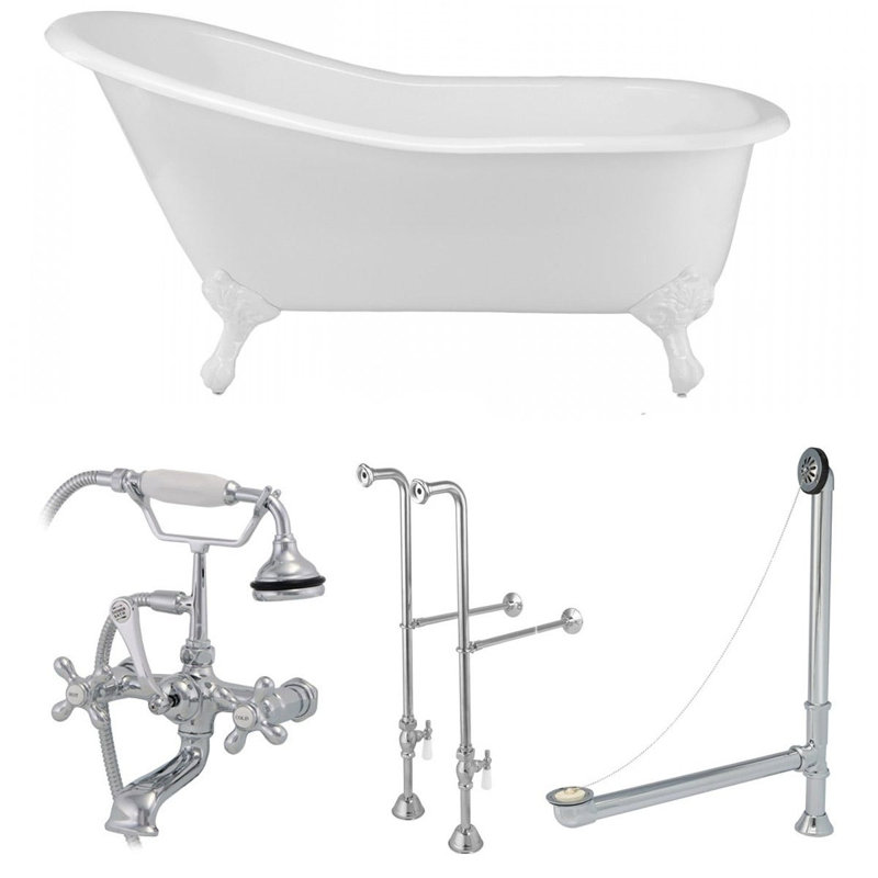 Charlotte 60.5'' x 30'' Soaking Cast Iron Bathtub with Faucet, Chrome, White