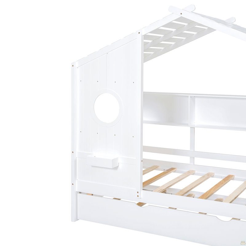 Wooden Twin Size House Bed With Trundle, Twin
