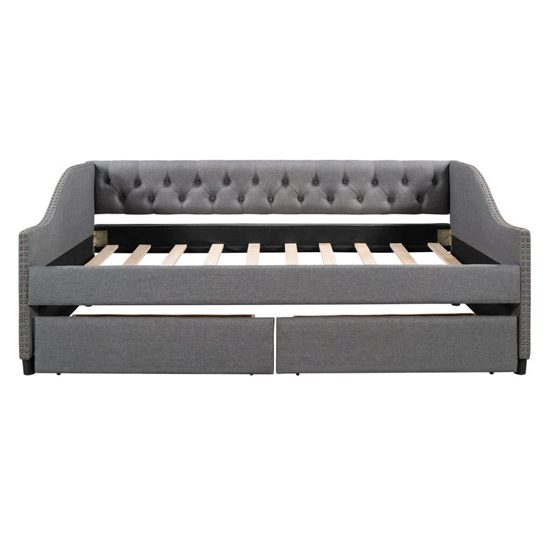 Élégant lit de jour rembourré avec deux tiroirs, revêtement en tissu gris, gris, Gris