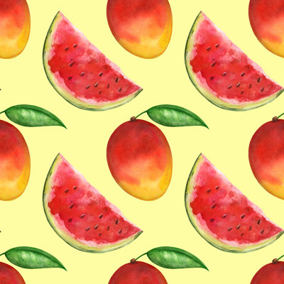 Watercolour Seamless Pattern with Watermelons, Mango by Jan Miko - Wrapped Canvas Art Prints