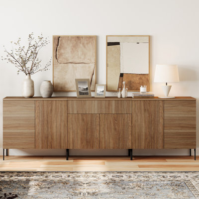 94.5" Reeded Accent Cabinet Set With Doors And Drawers, Modern Credenza Accent Cabinet With Adjustable Shelves For Living Room, Kitchen, Dining Room, Hallway