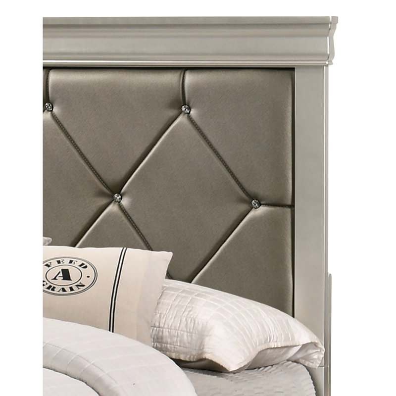 Chic Queen Size Bed With Wooden Frame And Beige Upholstered Headboard Crocodile Texture Design Element Modern Finish Gorgeous Feature