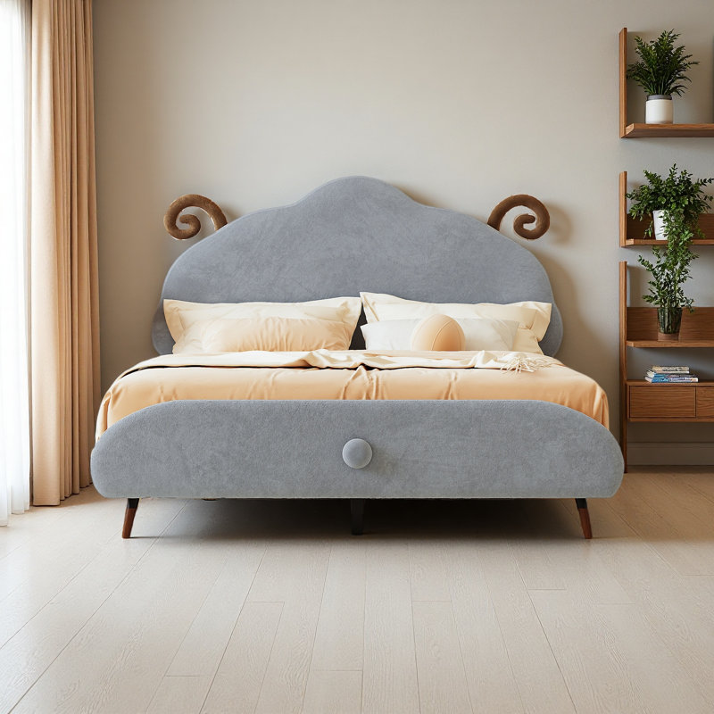 Lit plateforme tapissier avec tête de lit en forme de mouton, Gris, Lit double