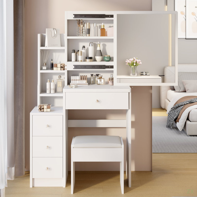 Petit meuble-lavabo 29,2 po avec tabouret de chevet et tabouret rembourré, Blanc