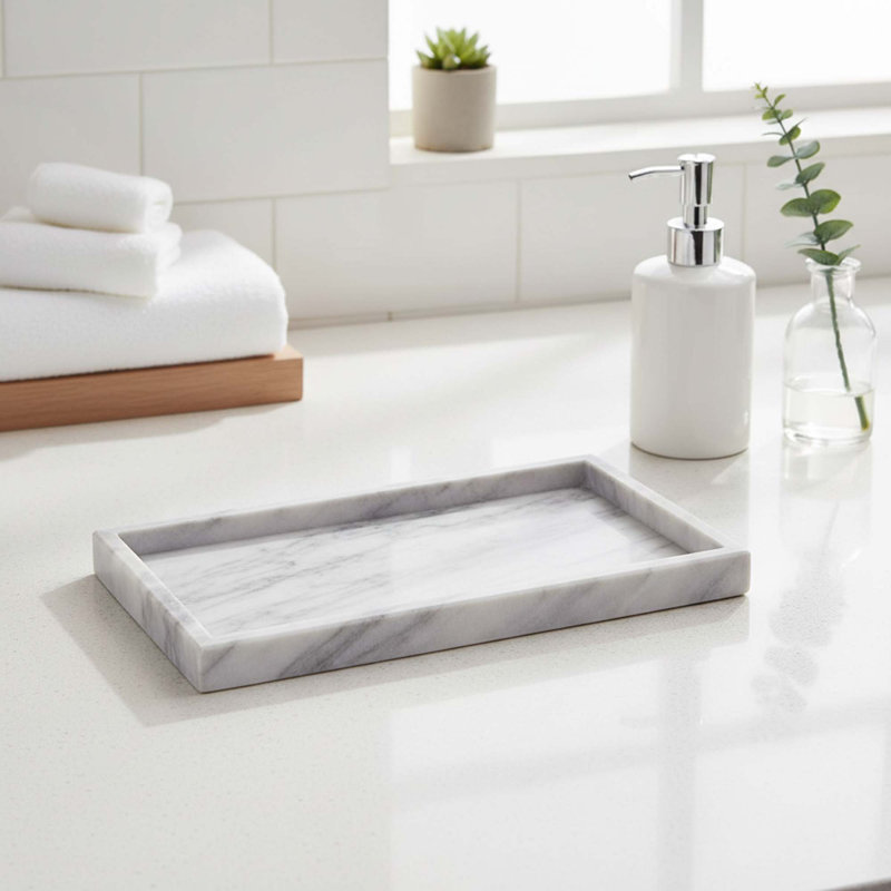 Natural Marble Tray Rectangle Stone Organizer with Unique Veining for Bathroom Vanity Kitchen and Home Decor