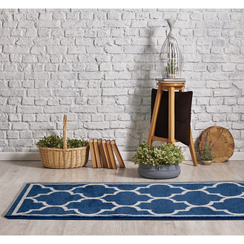 Tapis bleu à motif géométrique Tangires, Tapis de couloir 2 pi 7 po x 7 pi 1 po