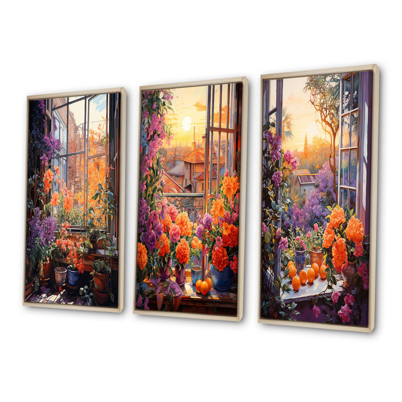 «Sunset Florals», Windows View In Italy I - ensemble de 4 impressions sur toile de fenêtre, Cadre flottant brun