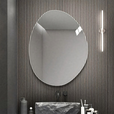 Miroir mural irrégulier sans cadre en forme d'œuf, miroir de salle de bain asymétrique en forme de nuage organique, miroir de décoration argenté biseauté pour salle de bain