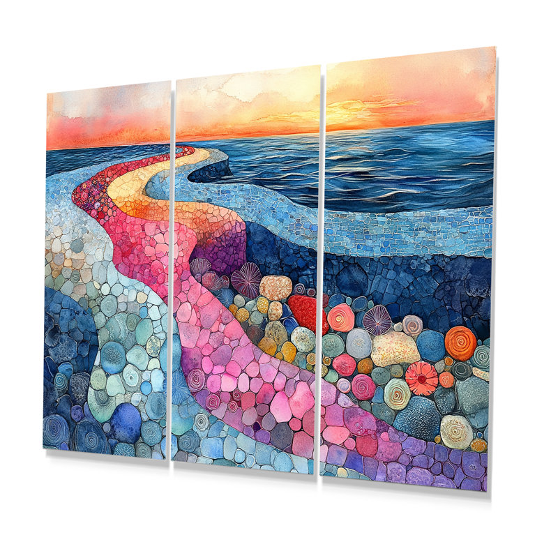 Ensemble de salon côtier en tons de rose et de bleu - art mural côtier, H 28 po x l 36 po x P 1 po, Métal métal