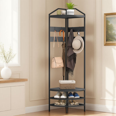 Corner Hall Tree, Industrial 4-Tier Coat Rack With Shoe Storage, 8 Movable Hooks And 2 Shelves For Hallway, Rustic Brown