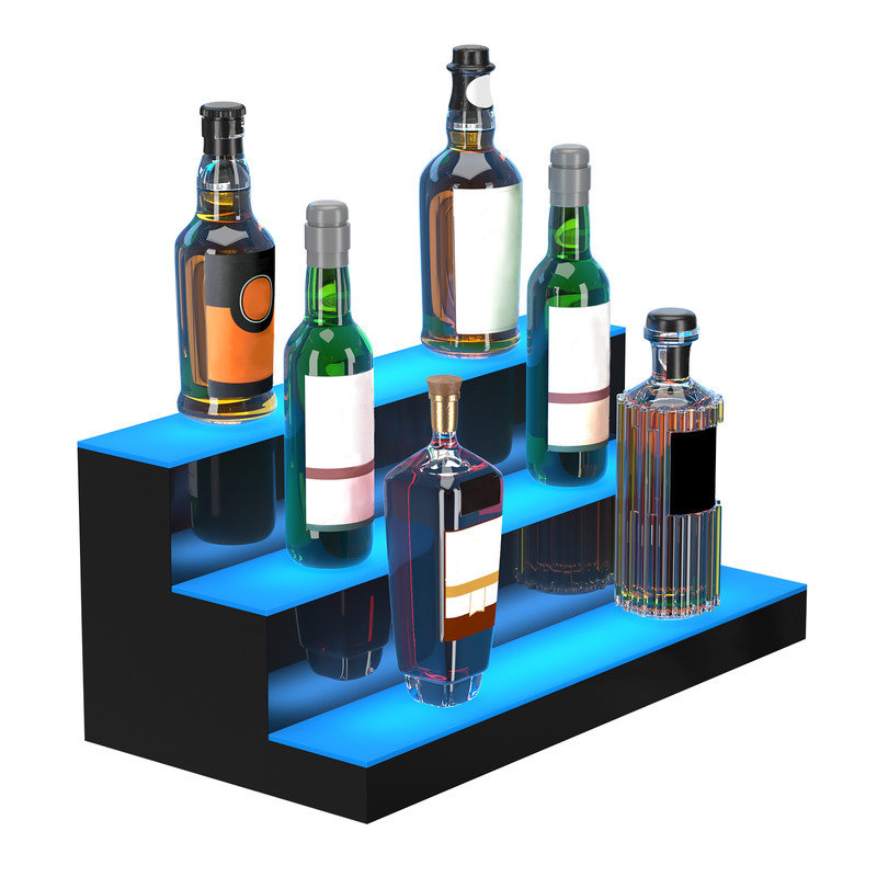 Tablette de bar en acrylique transparent à 3 niveaux à DEL, présentoir de boissons alcoolisées illuminé de 24 pouces avec télécommande et contrôle d'application