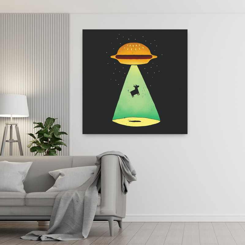 Burger enlèvement, vache, art urbain contemporain, H 48 po x l 48 po