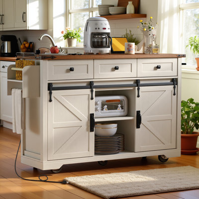 Îlot de cuisine de 53,7 po avec prise de courant, 2 îlots de rangement pour porte de grange coulissante avec abattant, support à épices sur roulettes, pour la maison, la cuisine et la salle à manger, blanc