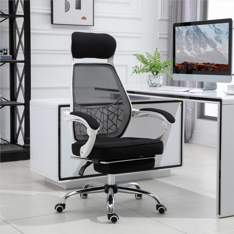 Fauteuil de direction pour bureau à domicile avec repose-pieds rétractable, filet respirant, noir classique et inclinaison à 135 °