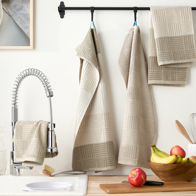 Town & Country Basics Basket Weave Antimicrobial Terry Cloth Kitchen Towel Set 16" x 28", Beige