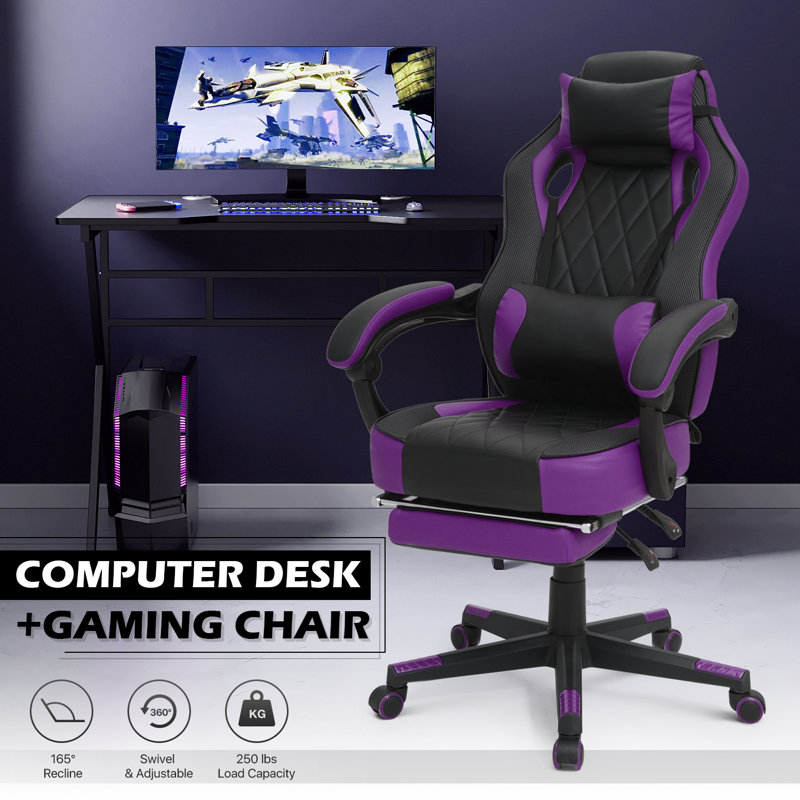 Bureau d'ordinateur et chaise de bureau rotative avec appui-tête, Mauve / Noir