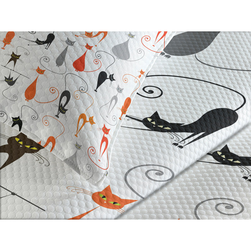 Ambesonne Cat Bedspread Set Colorful Design Kitten Pattern Multicolor White, King Coverlet / Bedspread + 2 Standard Shams