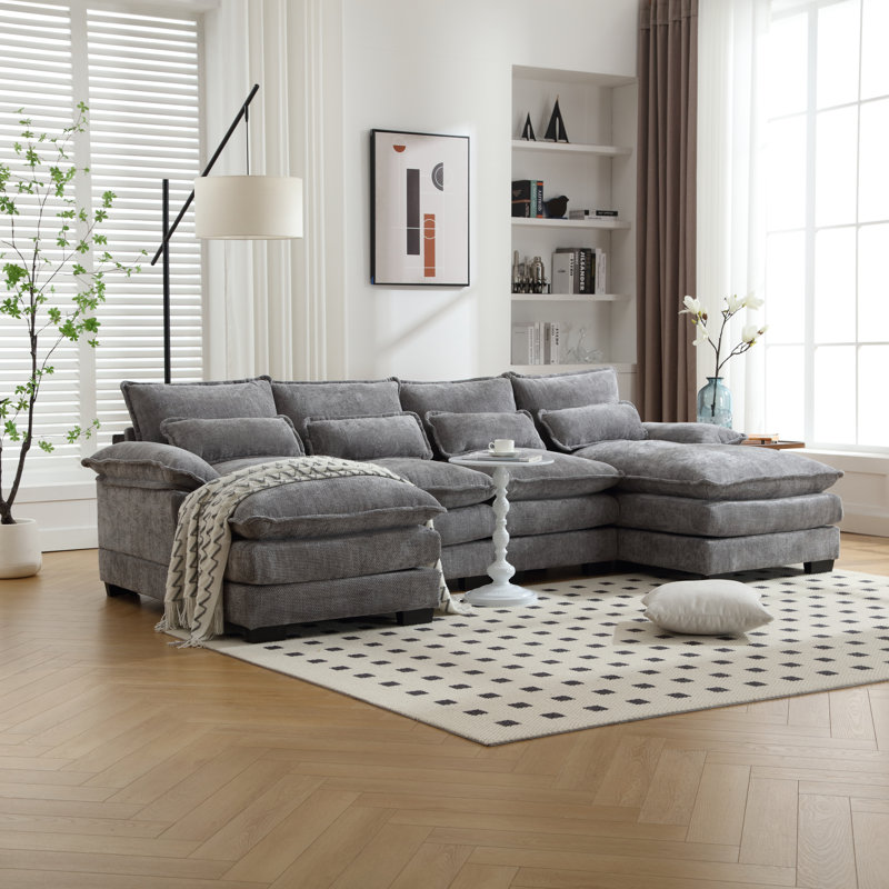 Luxueux canapé surdimensionné à quatre places en forme de U avec des matériaux de haute qualité, Gris clair