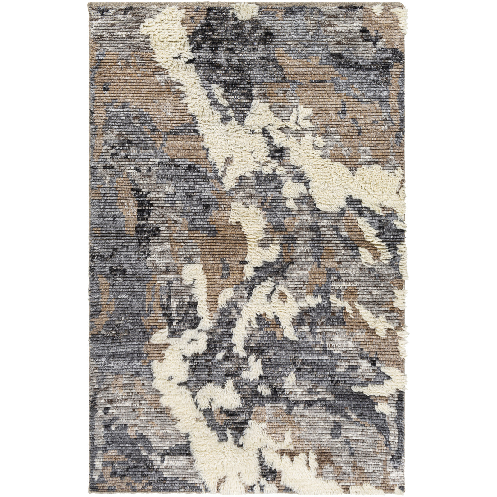 Zubi Dark Brown Cream Hand-Knotted Abstract Rug, Rectangle 10' x 14'