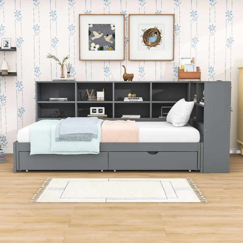 Lit de jour simple TG avec très grand lit avec rangement, lumières DEL et station de charge intégrée, Gris