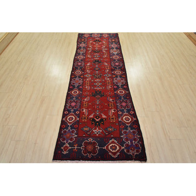 Tapis rouge rétro en laine noué à la main 3 pi 6 po x 9 pi 8 po Tribal Vintage