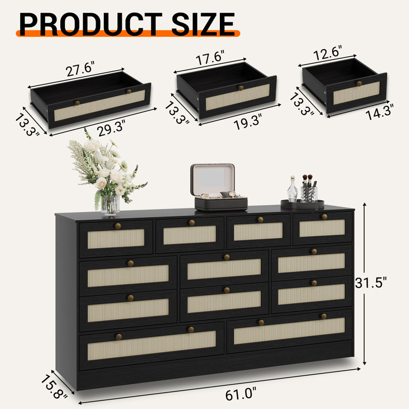 154.9cm W 12 - Drawer Chest of Drawers, Black