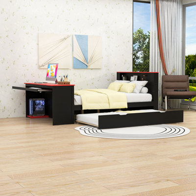 Lit plateforme en bois avec lit gigogne simple, bureau, tête de lit à DEL RVB contrôlée par l'application et station de charge