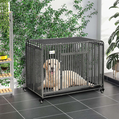 Cage pliable pour chien, cage pour chien sur roulettes, cage pour chien portable avec plateau amovible