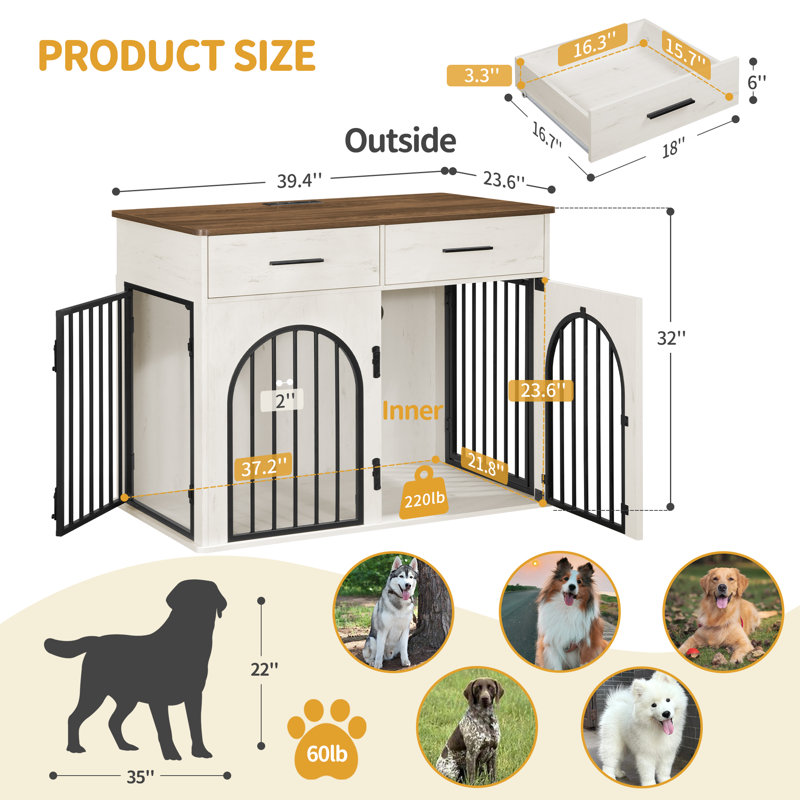 Dog Crate Furniture with 2 Drawers, Indoor Dog Kennel with Charging Station, Wooden Dog Cage Side End Table Kennel for Medium/Large Dogs