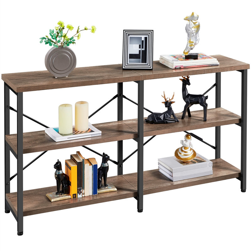 Taupe Wood and Black Metal 3-Tier Industrial Console Table with Storage