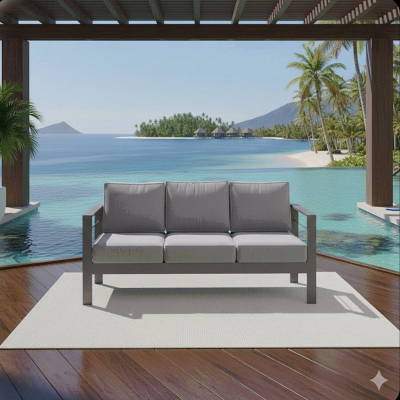 73" All-Weather Aluminum Patio Sofa, 3 Seat Outdoor Couch With  Thick Dark Gray Cushions & Gray Frame