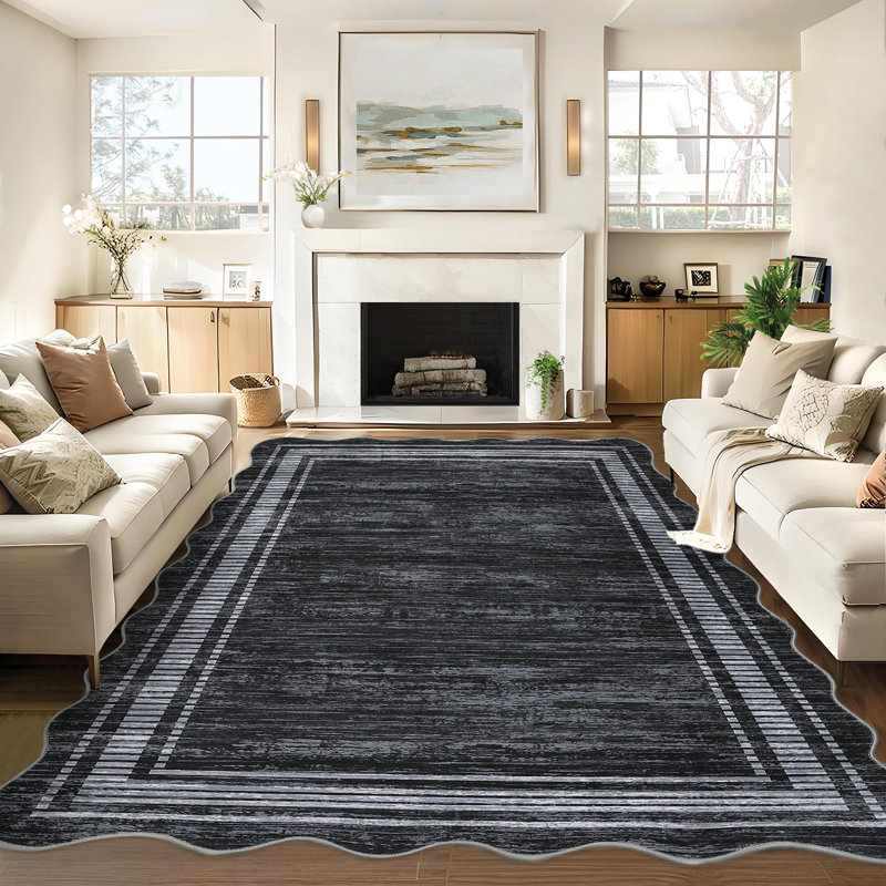 Striped Machine Printed Area Rug, Black, Rectangle 200 x 290 cm