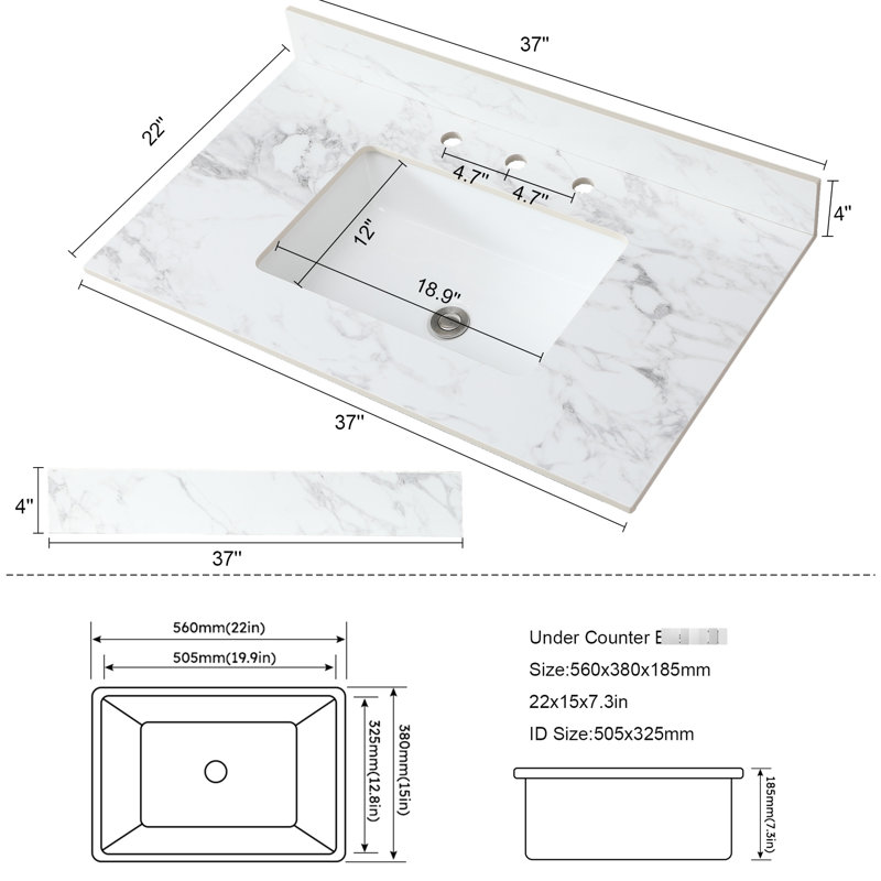 Meuble-lavabo de 37 po x 22 po en pierre frittée - lavabo en céramique blanc, comptoir, rehausse l'apparence et s'adapte aux comptoirs de salle de bain standard avec évier et 3 trous de robinet