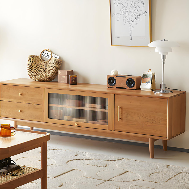 Meuble télé en bois massif avec tiroirs, H 21,65 po x L 70,86 po x l 15,74 po
