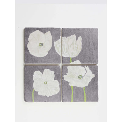 Coaster Set: White Poppies on Grey