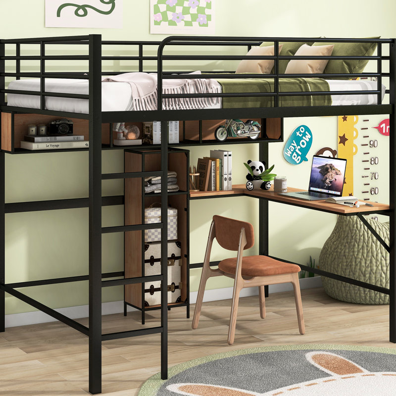 Lit mezzanine double avec métal et bois - noir et brun, structure durable, tablettes de bureau en L, espace sous le lit, gardé, aucun sommier nécessaire