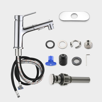 Bathroom Sink Faucet With Pull Out Sprayer, Single Handle Modern Bathroom Basin Faucet With Pop-Up Sink Drain Stopper & Deck Plate 1 Or 4-Inch Centerset 3 Hole, Chrome