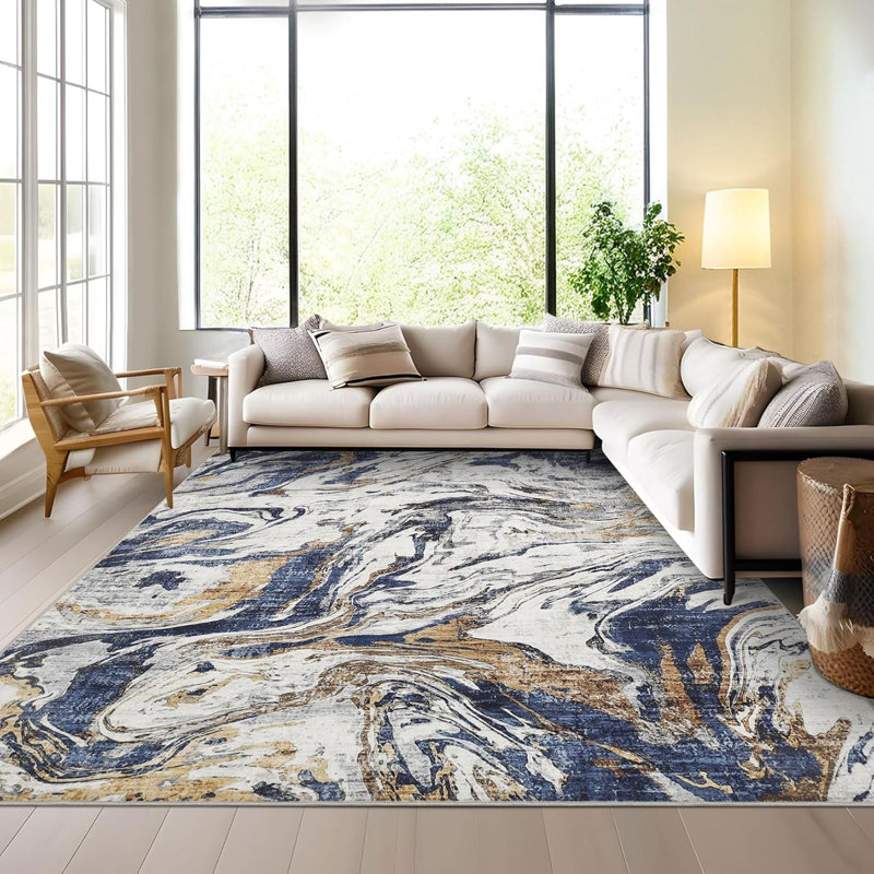 Machine Washable Rug – Non-Slip Low Pile Foldable Soft Modern Abstract Carpet for Entryway Bathroom Laundry Room Blue.