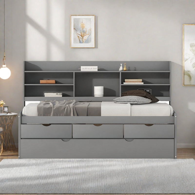 Wooden Daybed With Built-in Bookshelves, 3 Storage Drawers And Trundle, Gray