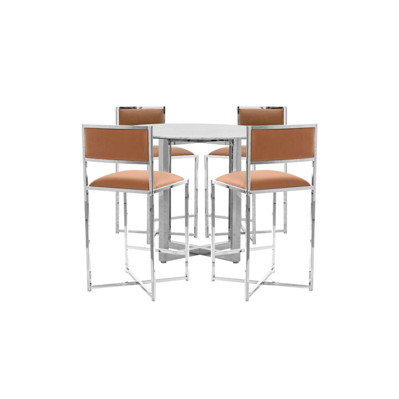 Cognac Faux Leather and Chrome Counter Stool Set