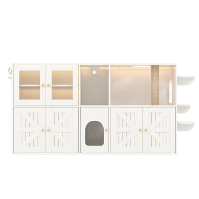 Enceinte de ferme pour chat 73,23 po, toilette cachée pour chat avec poteau à griffes intégré et lumières DEL, maison pour chat avec armoires et crochets de rangement, table de bout pour meuble télé