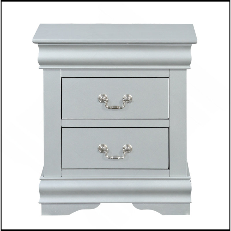 1Pc Traditional Classic Finish 2-Drawers Nightstand Wooden Bedroom Furniture, Silver