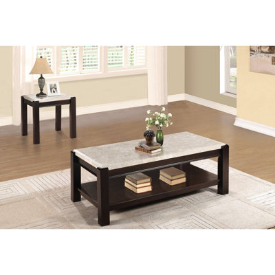 Table de bout de style contemporain avec plateau en marbre véritable et base en bois de cerisier foncé
